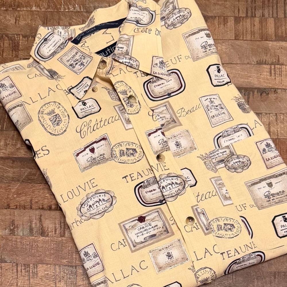 Nautica Mens XL Vintage Wine Label Print Button Down Shirt Rayon Cotton Cream